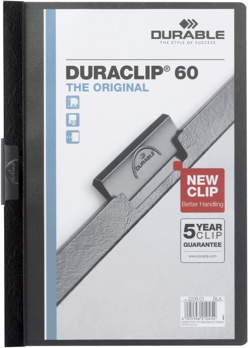 Durable DURACLIP 60 A4 Clip Folder - Holds Up to 60 Sheets of A4 Paper - Strong Metal Sprung Clip - Pack of 25 Black Colour Folders for Organising Documents