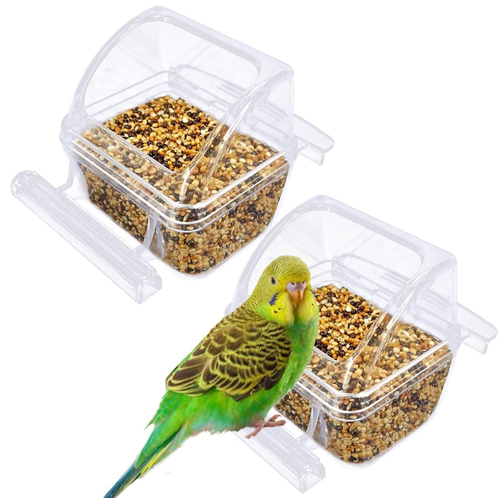 Photo 1 of 2 Pack Bird Feeders for Cage, No Mess Clear Hanging Parrot Food Bowl, Plastic Slot Food & Water Dispenser Bowl Set, Bird Cage Accessories for Hamsters,Pigeons,Parrot (Clear, 2 pcs)