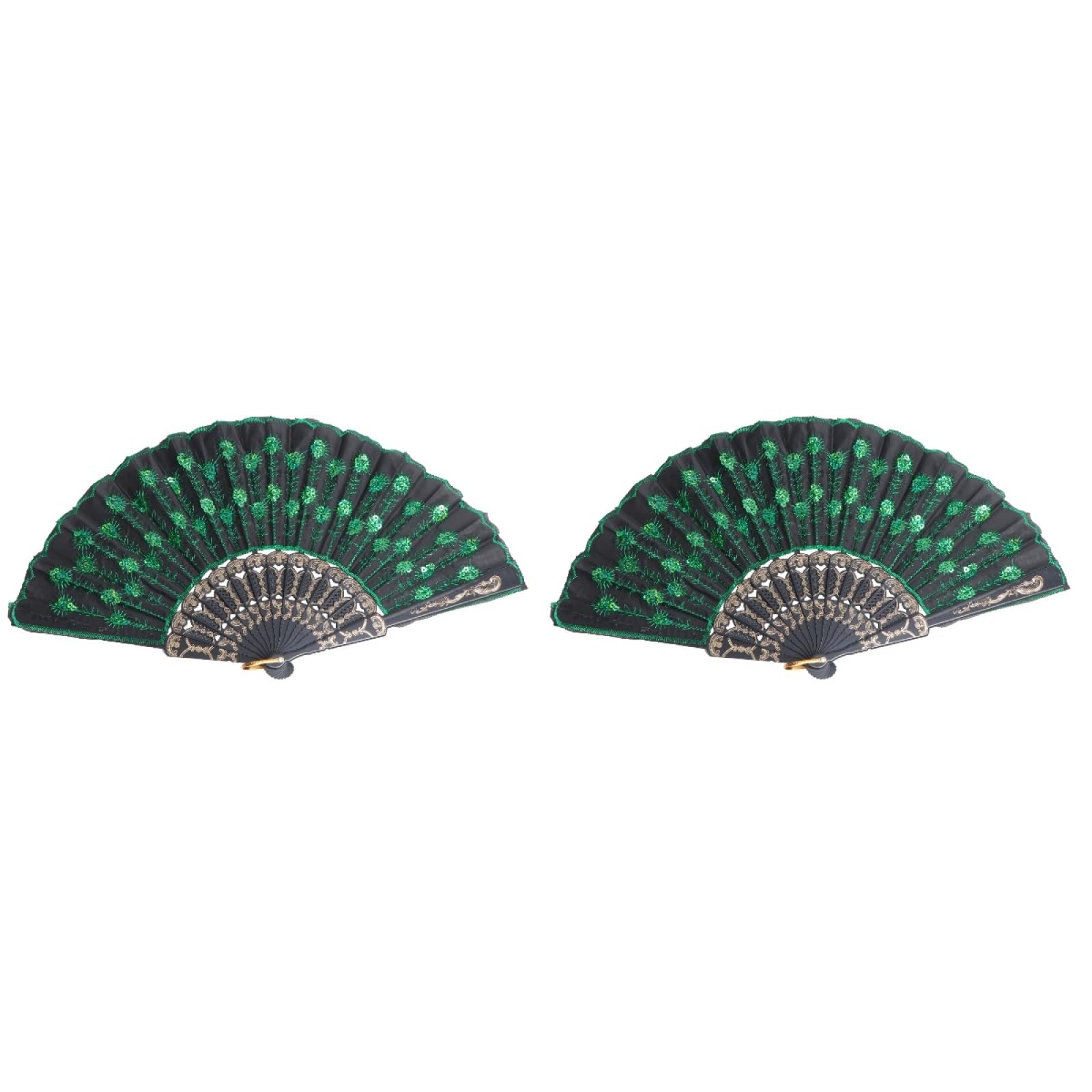 Zerodeko 2pcs Handheld Silk Folding Fans for Women Fabric Folding Fan Peacock Hand Fan - Beautiful Pattern with Green Sequins - Ideal for Weddings, Parties, and Decor
