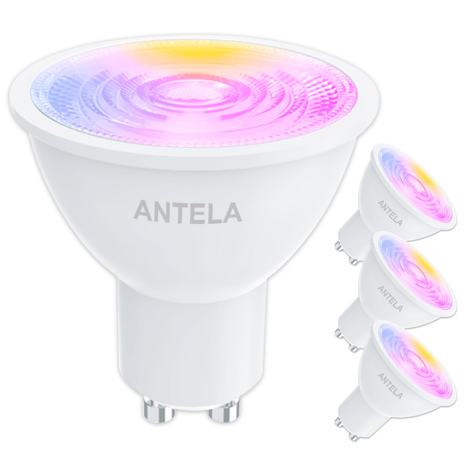 ANTELA GU10 Smart Bulb, LED RGB Dimmable WiFi Bulb, 40° Beam Angle, Warm White/Cold White Light (2700K-6500K), 5W Smart Life APP Control, Compatible with Alexa, Google Home, 4 Packs