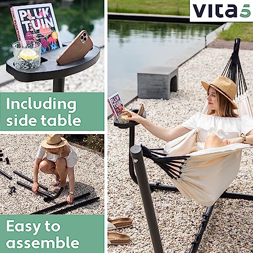 Vita5 Hammock with Stand - Adjustable Frame 290-330cm - Large 80% Cotton 20% Polyester Hammock for Garden, Patio, Balcony and Camping - Portable with Carry Bag