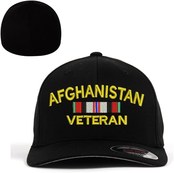 MILITARY Afghanistan Veteran Flexfit Baseball Cap Hat Black Clothing