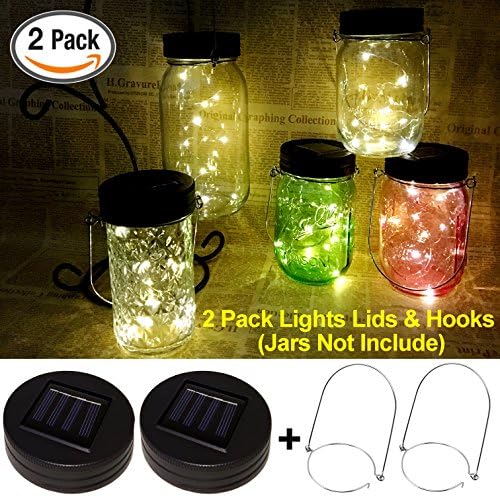 Waterproof Mason Jar Solar Lights,LED Solar Lights Fairy Lights Mason Jar Decor Firefly Lights Warm White Garden Decor - 2 Pack Solar Jar Lights Lids &amp; Hangers Included