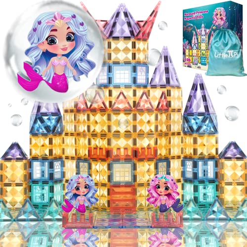 Little Pi Mermaid Princess 106 Pcs Magnetic Building Blocks Castle Magnet  Tiles Doll House Educational Stem Playset Toddler Toys Birthday Gift