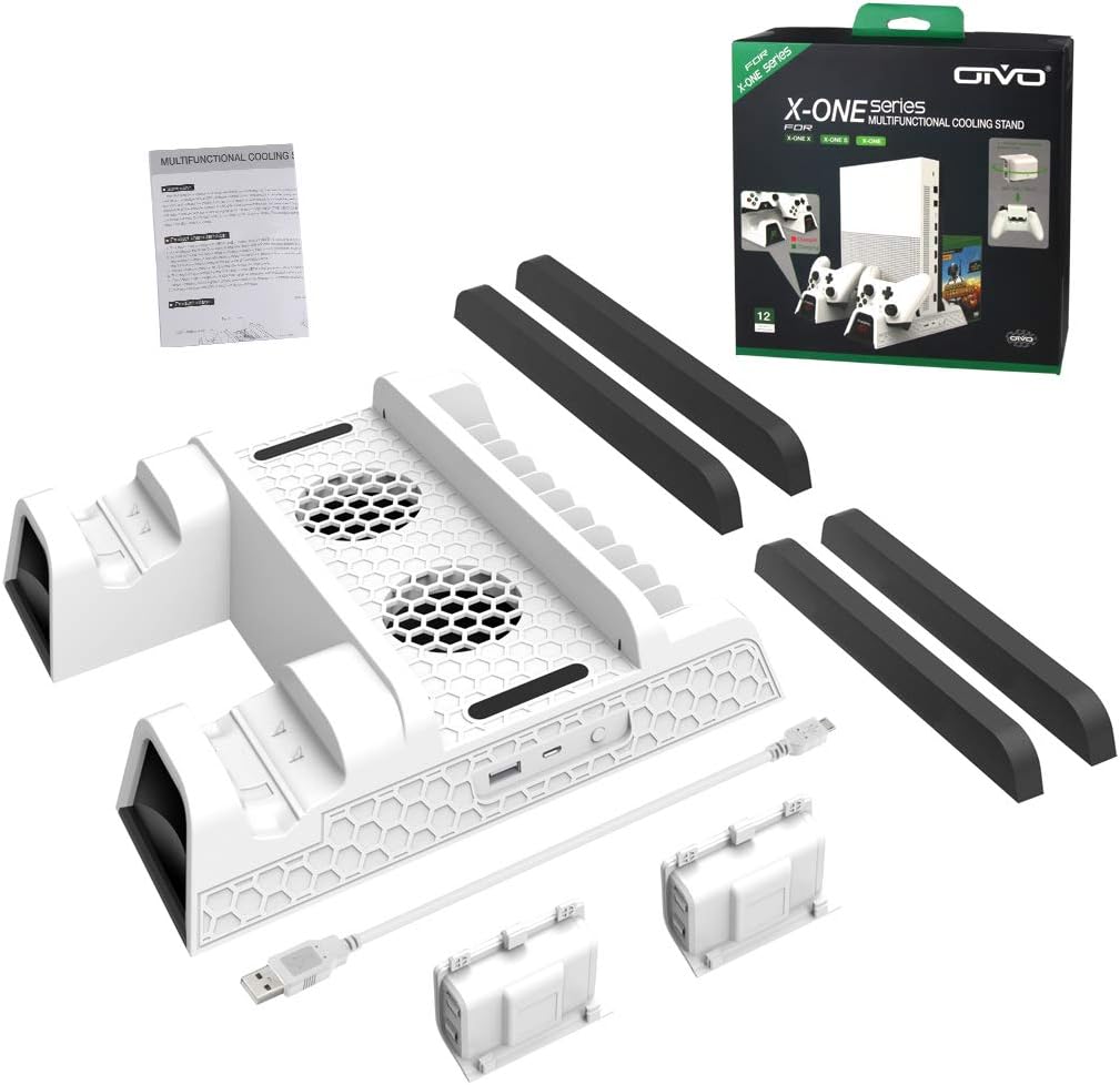 OIVO Vertical Cooling Stand Compatible with Xbox ONE X/Xbox ONE S/Regular Xbox ONE, Cooler Cooling Fan with 2PACK 600mAh Batteries, Games Storage, Dual Controller Charging Dock Station (X0011-White): Electronics