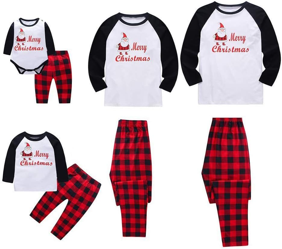 Hotsellhome Matching Family Pajamas Sets Santa Claus and Merry Christmas Letter Printed Long Sleeve Tee Plaid Pants Loungewear Christmas 2Pcs Pjs Outfits Sets