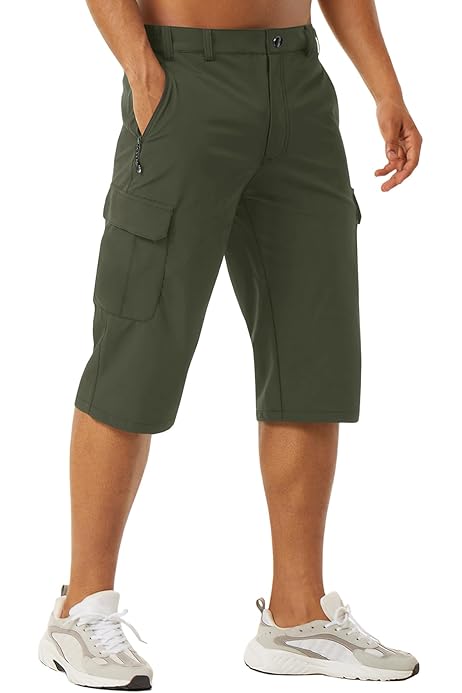Long Cargo Shorts Men's Casual Twill Elastic Cargo Shorts Below