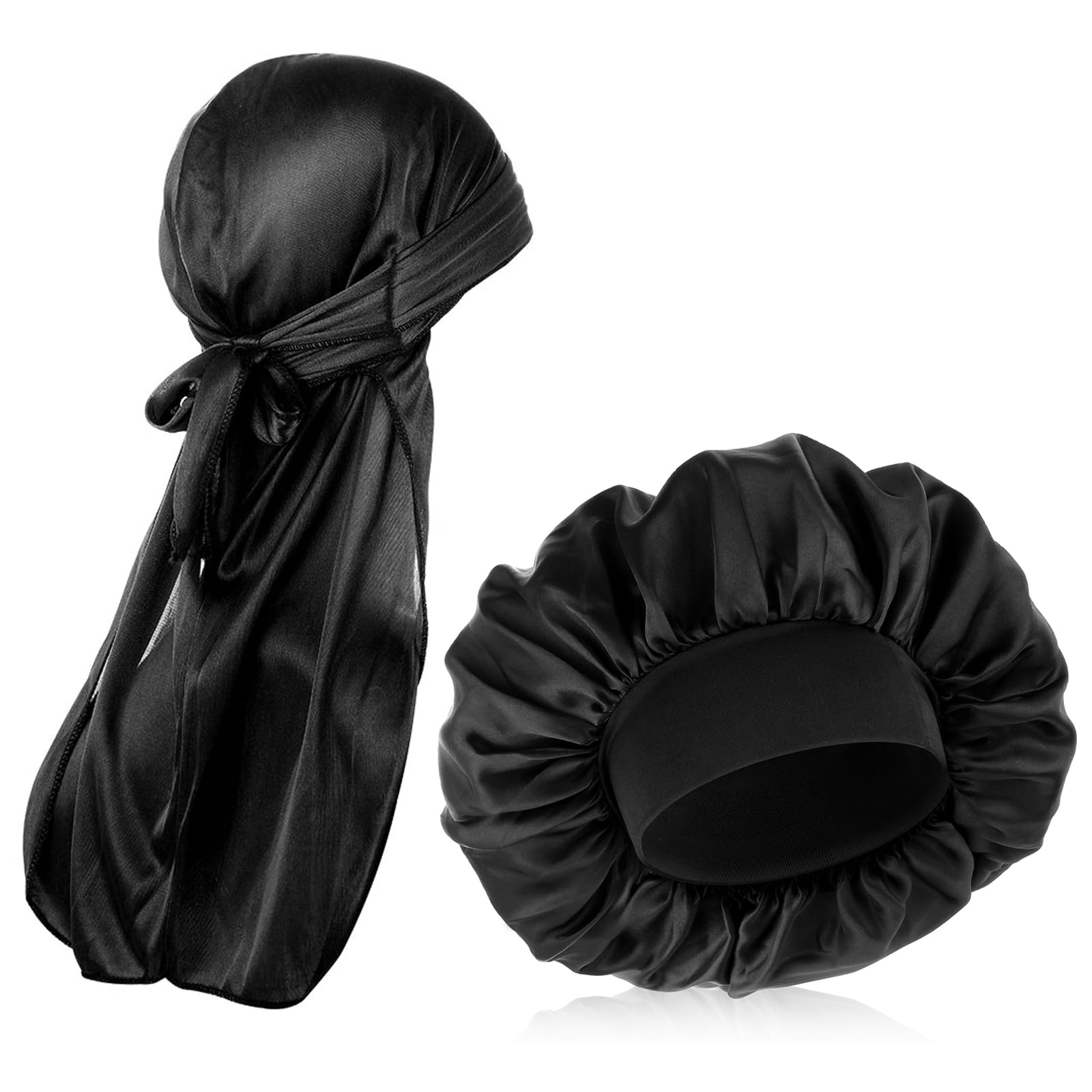 COMNICO Silk Bonnet for Men, 2 Pcs Elastic Wide Satin Bonnet Band Silk Sleep Cap Single Layer Adjustable Soft Band Hair Satin Cap for Women Sleeping Black