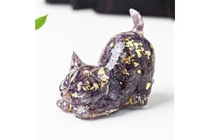 Amethyst Chip Cat Figurine Resin Decor with Gold Leaf Accents Crystal Animal Statue for Home Desktop Shelf Mantel Office Livi