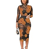 Women Sexy See Through Sheer Mesh Bodycon Midi Dress Long Sleeve Shorts 3 Piece Outfits Set Floral Print Cover Up