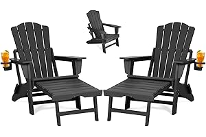 LETKIND Folding Adirondack Chair with Retractable Ottoman Set of 2, All Weather Fire Pit Chairs with Cup Holder, Outdoor Chair with Ottoman,Black
