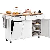 VEVOR Kitchen Island Cart with Storage, 60in Wide Mobile Kitchen Cart with Wheels, Drop Leaf, 2 Drawers, Trash Can Cabinet, Knife Holder, Spice Rack, and Towel Rack, Table for Dining Room, Pantry