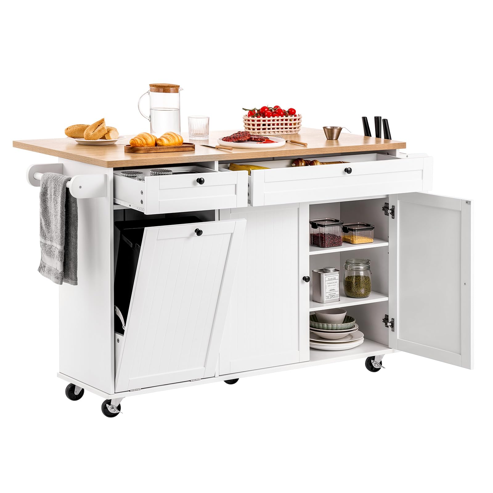 Photo 1 of VEVOR Kitchen Island Cart with Storage, 60in Wide Mobile Kitchen Cart with Wheels, Drop Leaf, 2 Drawers, Trash Can Cabinet, Knife Holder, Spice Rack, and Towel Rack, Table for Dining Room, Pantry