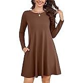 KORSIS Women Long Sleeve Tops T-Shirt Dresses Round Neck Casual A-Line Loose Swing Vocation Fall Winter Dress with Pockets