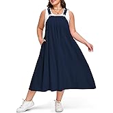 Moon Wood Plus Size Cotton Overall Dress for Women Adjustable Strap Jumper Dress with Pockets Casual A-Line Maxi Dress