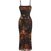 SweatyRocks Women's Allover Print Spaghetti Strap Bodycon Dress Elegant Sleeveless Lettuce Trim Midi Dresses