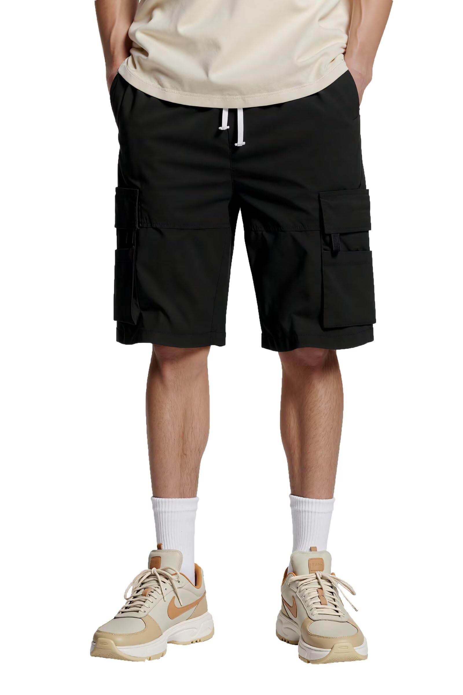 Tansozer Kurze Hosen Herren Cargo Shorts Sommer Bermuda Stretch Baumwolle Outdoor Freizeit Knielange Arbeitsshorts Männer Freizeitshorts Gummizugbund Sports mit Taschen Schwarz L