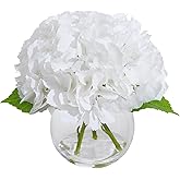 Rosscer White Hydrangea Artificial Flowers with Vase Faux Hydrangea Flowers Real Touch Flowers with Faux Water for Home Decor Table Centerpieces