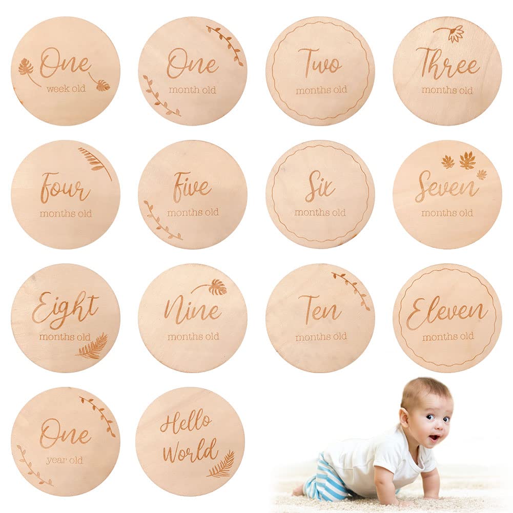 ConBlom Baby Monthly Milestone Cards, 14pcs Round Wooden Numbers Shower Gift DIY Shooting Baby First Year Growth Photo Picture Commemoration Props