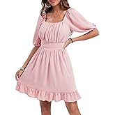 Fuinloth Womens Summer Sun Dresses Tied Back Puff Sleeve Square Neck Casual A-line Dress