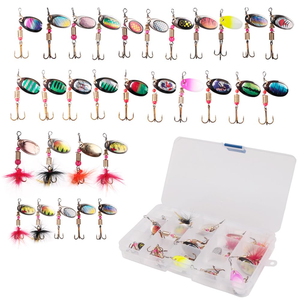 Hard Fishing Spinner Lures Bait Set, Metal Spoons Spinners with Tackle Box - 30 Pieces Assorted Spinnerbait with Treble Hooks for Salmon Trout Bass