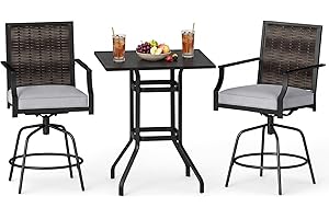 Tangkula 3 Pieces Outdoor Swivel Bar Set, High Top Patio Bar Table and Rattan Wicker Chairs with Cushions and Sturdy Metal Fr