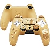 PlayVital Cute Bear Controller Silicone Case for ps5, Kawaii Controller Cover Compatible with Charging Station, Gamepad Skin Protector for ps5 with Touch Pad Sticker & Thumb Grips - Yellow & Brown