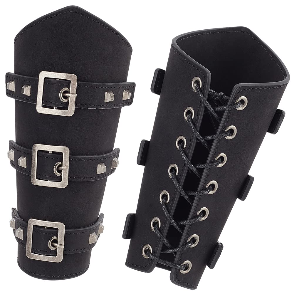 NBEADS 2 Set Adults Faux Leather Arm Guards, 19.5x23.8x1.5cm Medieval Leather Buckle Bracers Wrist Band Buckle Wide Bracer for Halloween Decor Punk Cosplay Costumes, Black