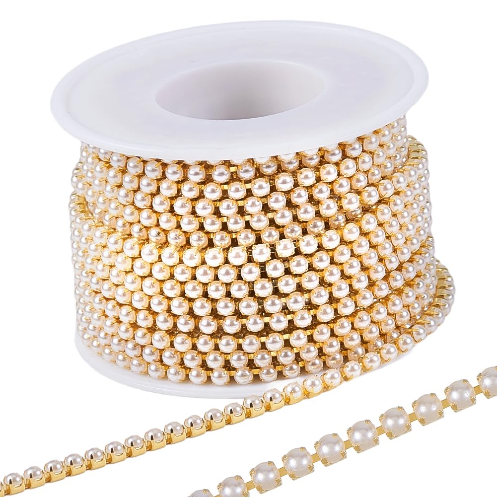 GORGECRAFT 10m Claw Pearl Close Trim Pearl Beads Chain in Golden Base Beige Faux Pearl Strands Applique Banding for DIY Sewing Crafts Jewellery Making Home Wedding Party Clothing Decoration