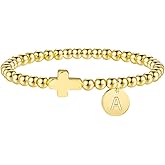 M MOOHAM Initial Bracelets for Women - Cross Bracelet for Womens Letter A-Z Cross Bracelet 14K Gold Plated Beaded Bracelets Dainty Small Jewelry, Religious Christian Gifts for Women