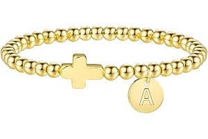 M MOOHAM Christmas Stocking Stuffers - Initial Bracelets for Women, Cross Bracelet for Womens Letter A-Z Cross Bracelet Gold Beaded Bracelets Dainty Small Jewelry, Religious Christian Gifts for Women