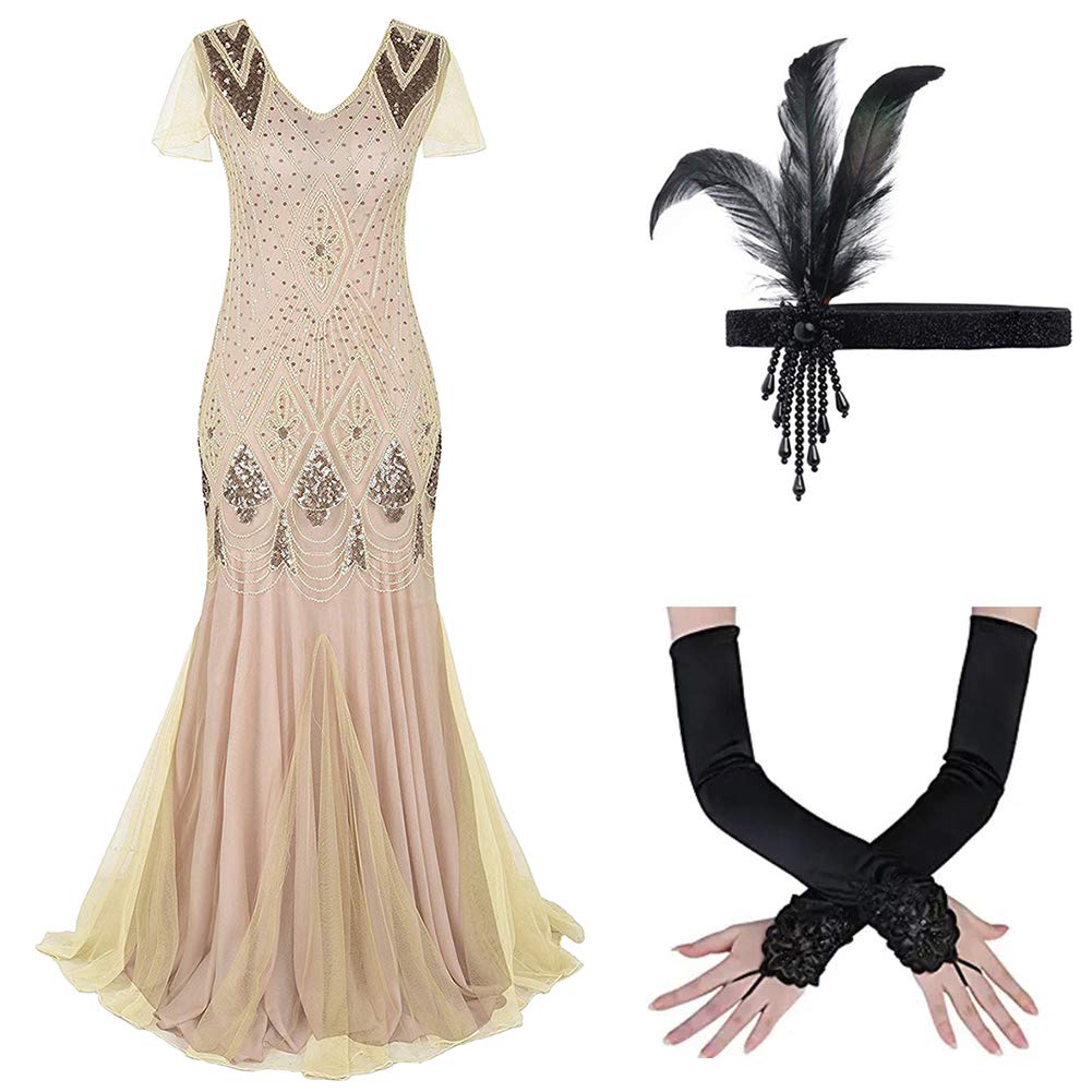 Photo 1 of Women's 1920s Flapper Dress Vintage 20s Great Gatsby Party Dress Fringe Sequin Maxi Evening Cocktail Dresses Lady Floor Length Long Prom Formal Wedding Dance Gown with 20s Accessories Set Apricot S