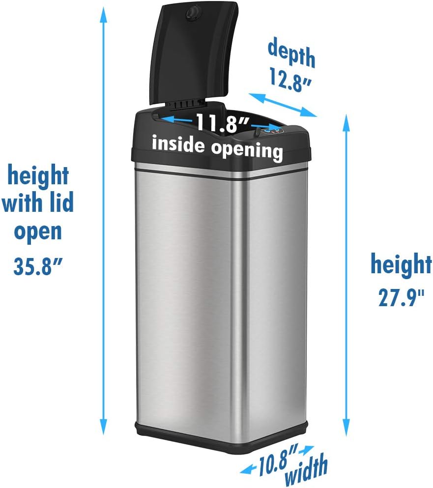 iTouchless 13 Gallon Stainless Steel Automatic Trash Can with Odor-Absorbing Filter and Lid Lock, Sensor Kitchen Garbage Bin, Power by Batteries (not included) or Optional AC Adapter (sold separately): Home & Kitchen