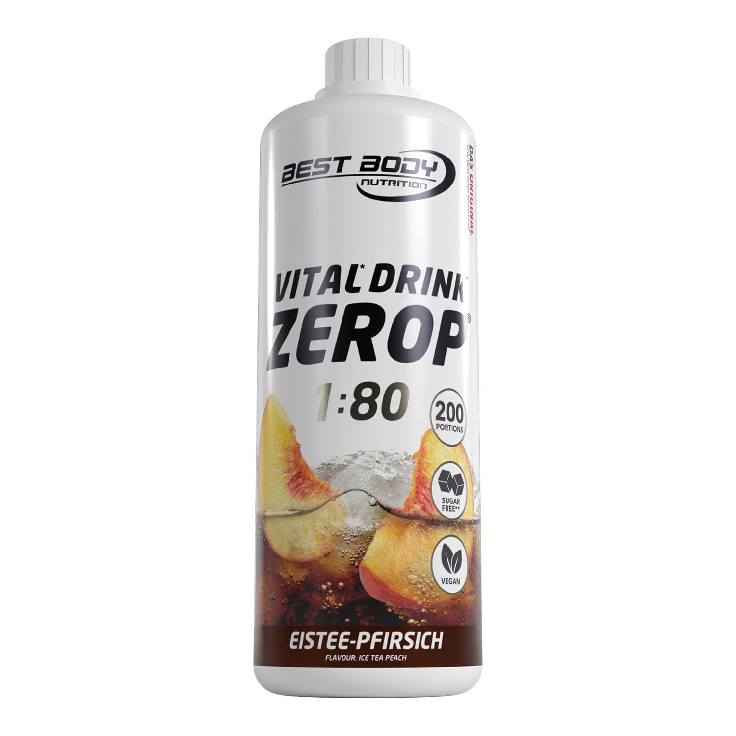 Best Body Nutrition ZEROP Vital Zuckerfreies Getränkekonzentrat Sirup Eistee-Pfirsich Ohne Aspartam 1 L ergibt 80 L Getränk Fitness Drink mit Vitaminen B1 B6 Niacin Kalorienarm Wassersprudler