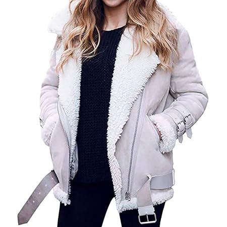 Damen Biker Jacke,Felicove Frauen Faux Pelz Fleece Mantel Revers Biker Motor Lederjacke Warme Outwear Aviator Jacke Basic Sof