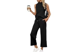 SAMPEEL Two Piece Sets for Women Summer Outfits Lounge Sets Mock Neck Tops Wide Leg Crop Pants Vacation Travel Outfits