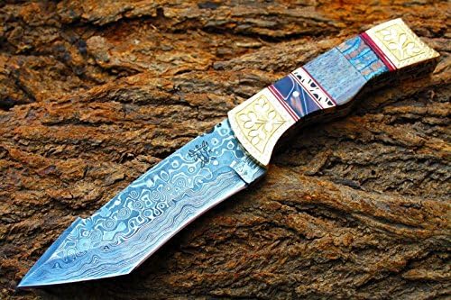 4.7"Damascus Blade Collector Hunting Knife w/Engraved Brass Bolsters,Dyed Buffalo Bone,File-Work,Kerinite, Onyx, Sheath cover-UDK-D-05