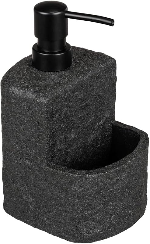 Spülmittelspender Mod. Festival nachfüllbarer Seifenspender Steinoptik für die Küche mit Fach für Spülschwamm 380 ml 10,5 x 18 x 11 cm Schwarz
