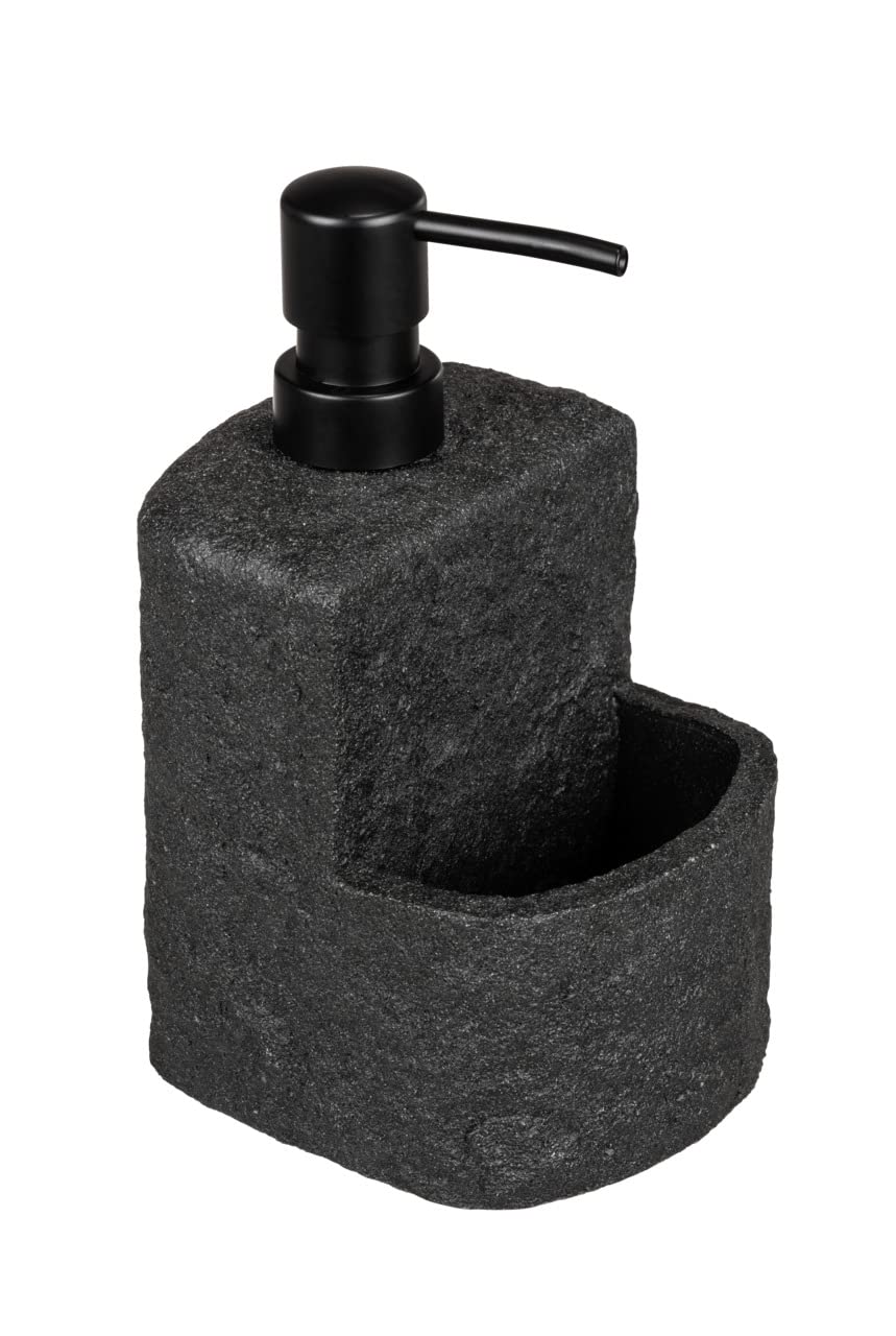 WENKO Dishwashing liquid dispenser Festival Stone black, refillable soap dispenser in stone look, high-quality polyresin, extra compartment for the washing-up sponge, 380 ml, 10.5 x 18 x 11 cm