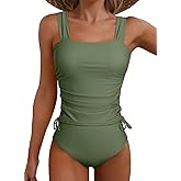 Aleumdr Womens Retro Ruched Two Piece Strappy Tummy Control Swimwear Tie Side Tankini Bathing Suit Set