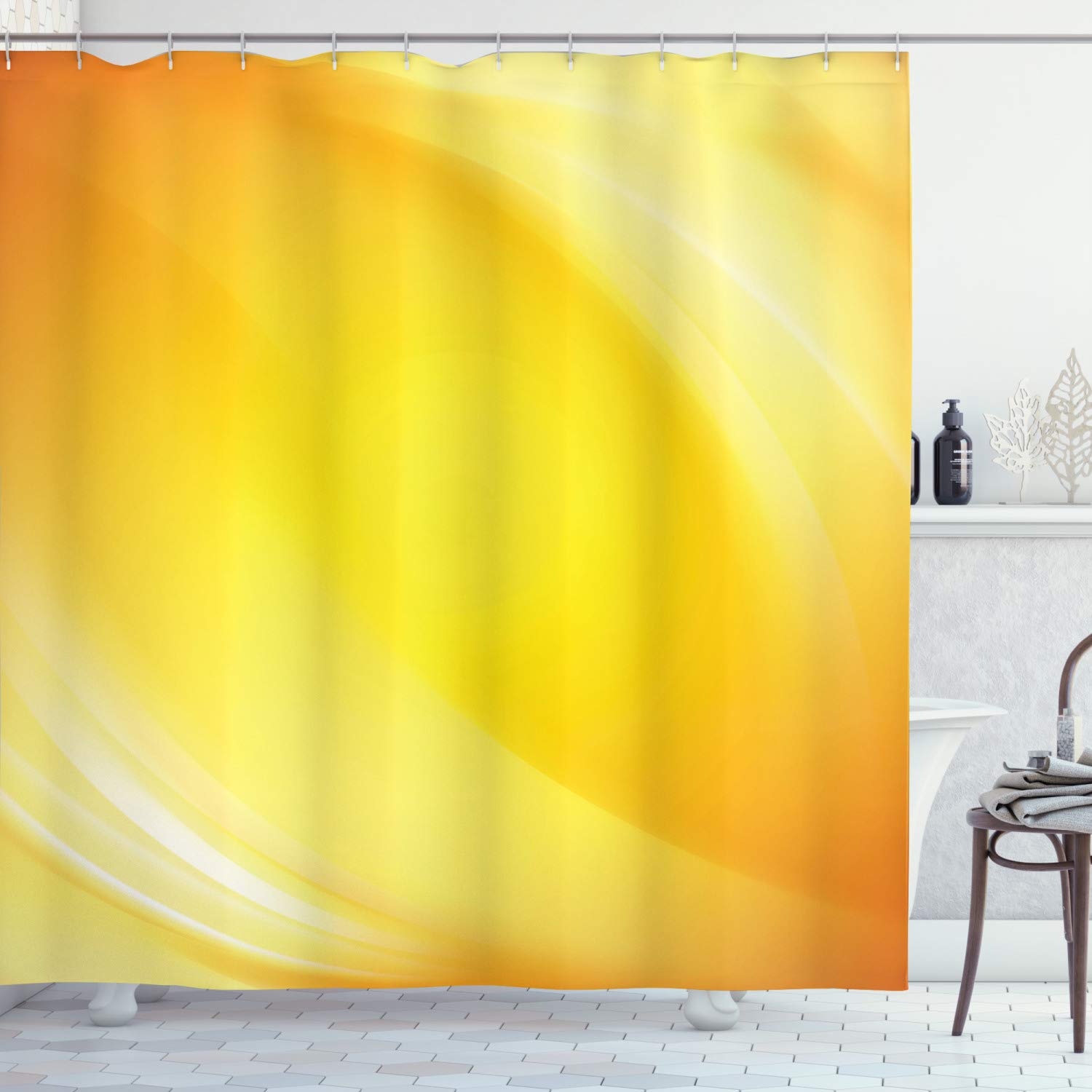 ABAKUHAUS Yellow Shower Curtain, Radiate Lines Like Sand Ombre Elements White Digital Reflection, Cloth Fabric Bathroom Decor Set with Hooks, 70 Inches, Yellow and White