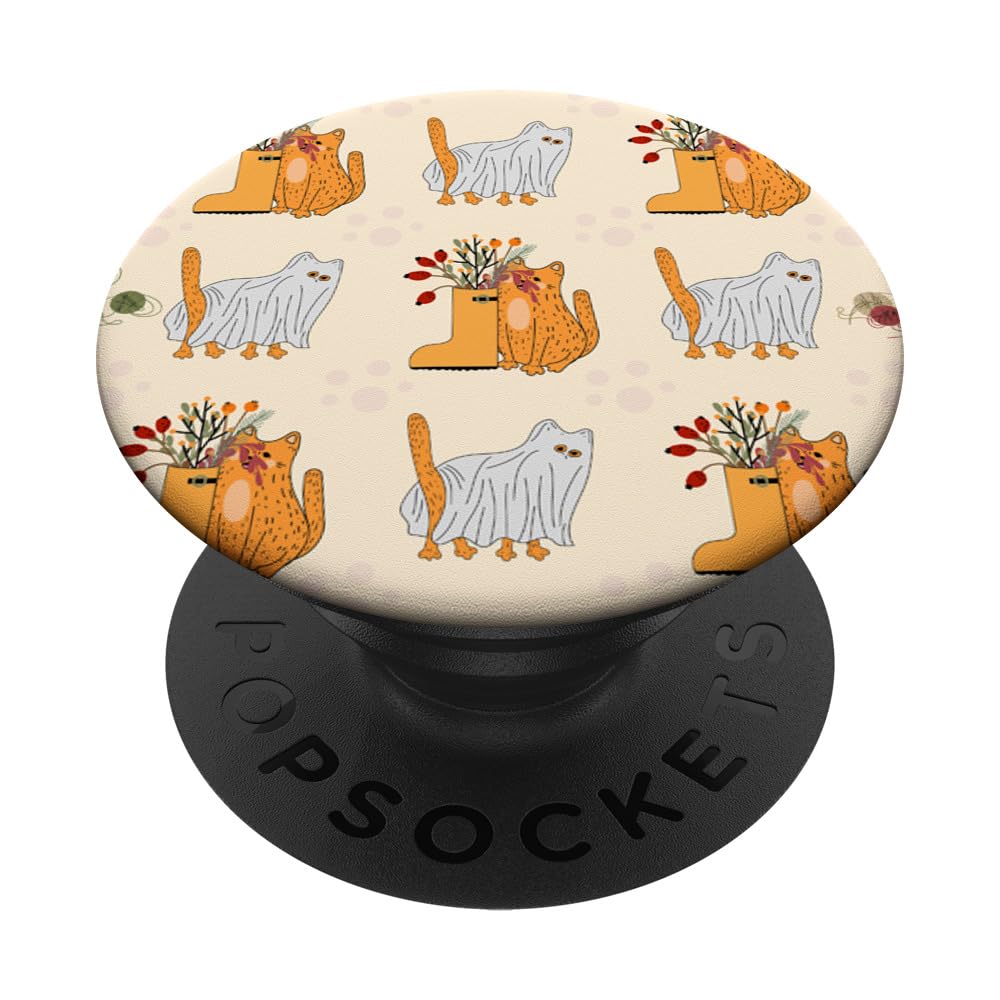 Cute Ghost Kitty For Women Funny Autumn Halloween Fall Cat PopSockets Swappable PopGrip