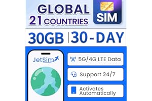International SIM Card (30 Days), 30GB 5G/4G LTE High-Speed Data, Use in 21 Countries Australia, China, Italy, Israel, Japan,