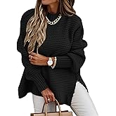 Womens Side Split Sweaters Waffle Chunky Cable Knitted Turtleneck Pullover Long Lantern Sleeve Loose Jumper Tops
