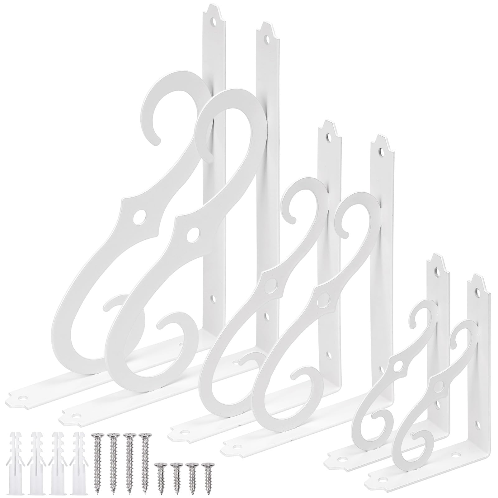 Tanstic 2 Pack 8 Inch Decorative Shelf Brackets, Heavy Duty Metal Wall Mounted Floating Shelf Bracket, L Shape Corner Brace Shelf Support Angle Brackets with Screws for DIY Open Shelving (White)