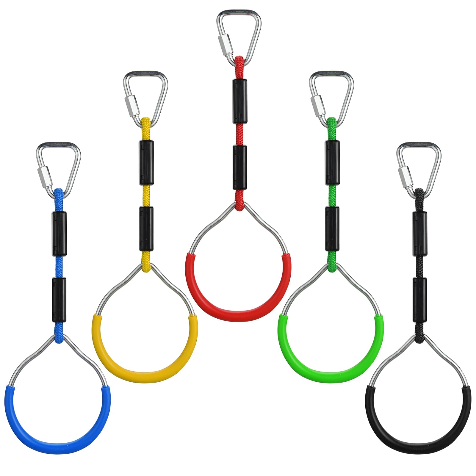 PELLOR 5 PCS Kids Gymnastic Rings, Multifunctional Gym Rings, Backyard Playground Play Sets for Obstacle Ring, Trapeze Bar, Climbing Frame, and Training