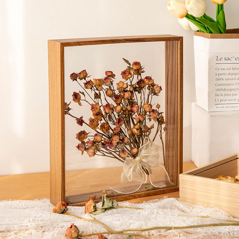 Wooden Dried Flower Photo Frame Dried Flower Display Stand Decorative Floating Photo Frame,Double Sided glass,for Display Dried Flowers,Handicrafts (Walnut color-8x12")