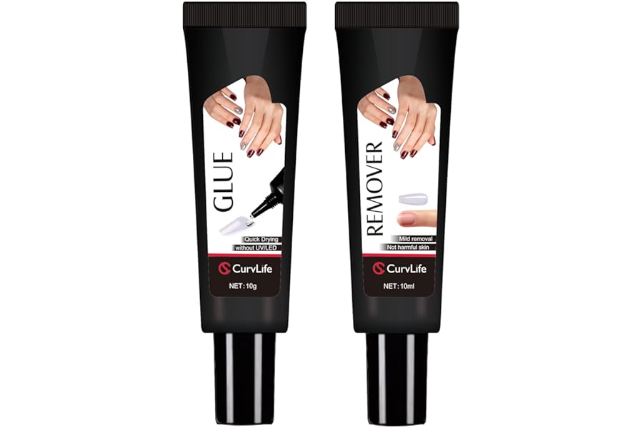 Curvlife Newly Upgraded Quick Drying 10g Semi Solid Nail Glue with 10ml Remover for Press On Nails Tips No Need for UV Lamp Long Lasting Fake Acrylic Nails Kit Glue Gel