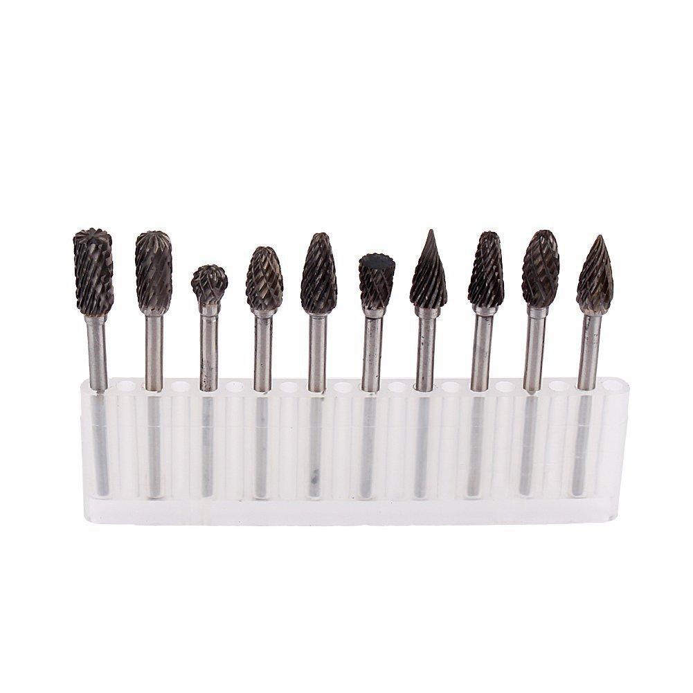 Tungsten Carbide Rotary Burr Set,1set Of 10 Double Cut Shank Tungsten Steel Solid Carbide Rotary Drill Bit Tool Set Double Cut Carbide Rotary Burrs Set replacement for Diy Woodworking
