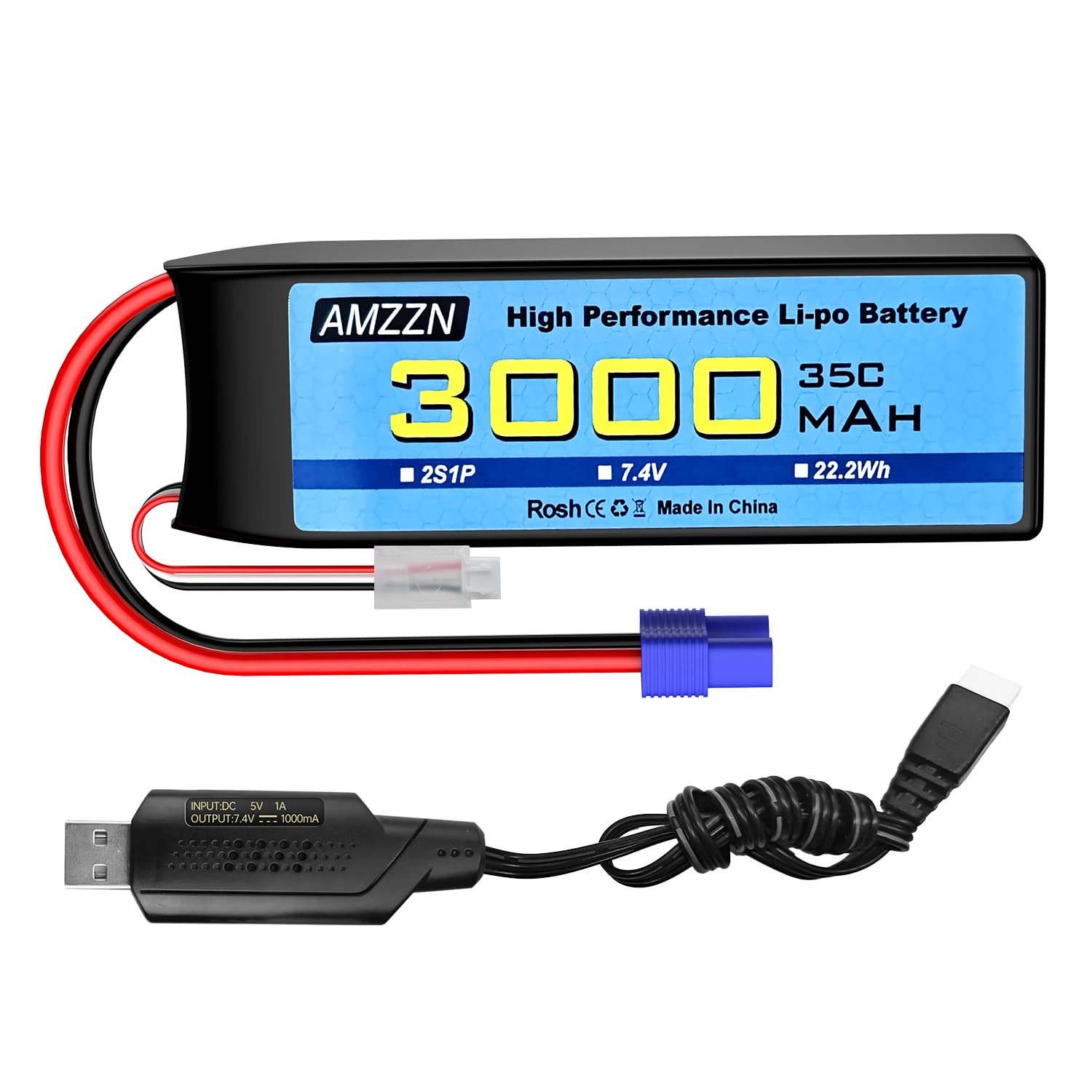 AMZZN 2S Lipo Battery 7.4V 3000mAh 35C with EC3 Plug and USB Charging Cable for RC Car,Truck,Model Car,RC Ship,RC Quadcopter Aircraft,FPV Drone Battery